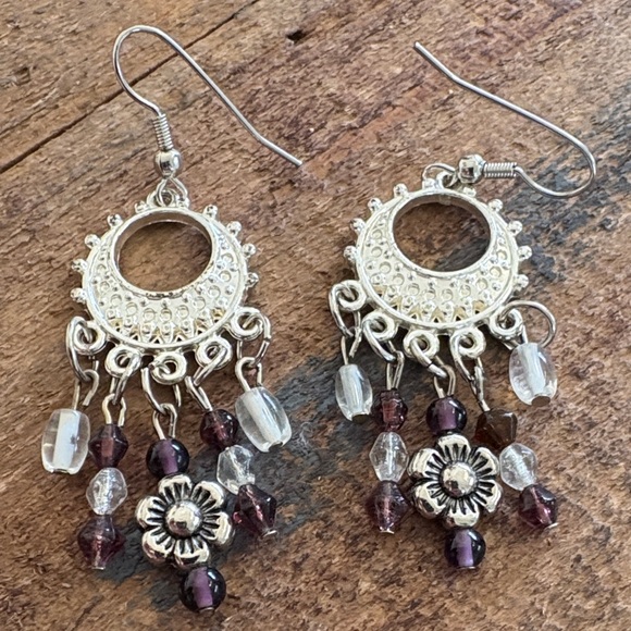 Artisan Jewelry - Artisan Silver Tone and Dark Purple Chandelier Earrings